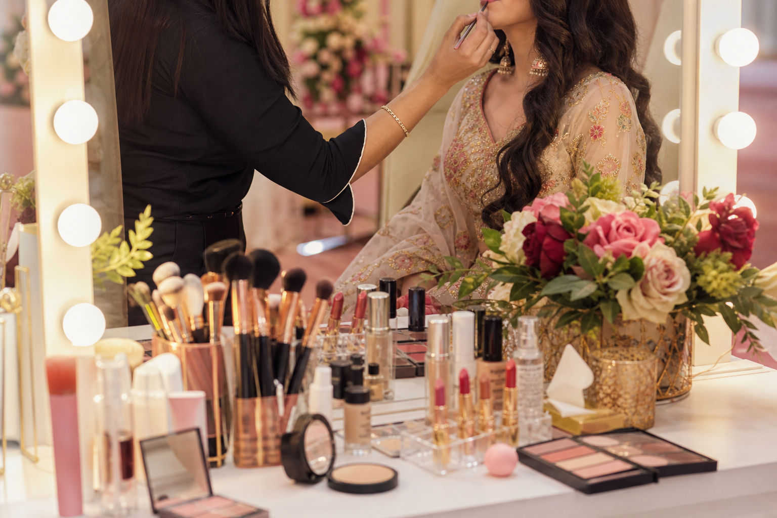 Makeup and grooming touch-up counter for event guests